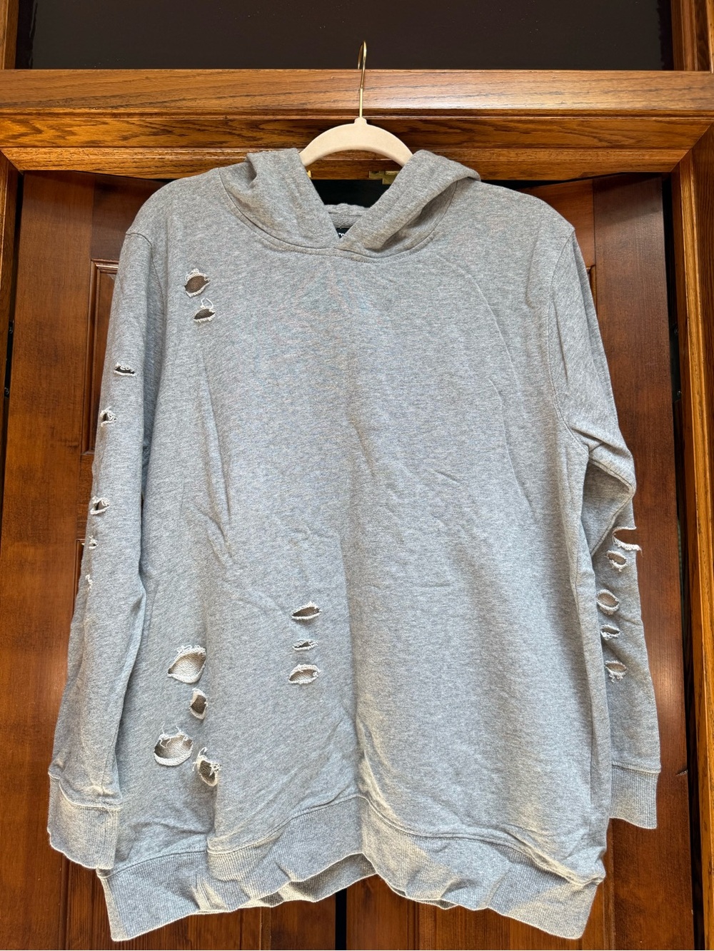 Mono B Light Gray Pullover Hoodie with Distressing, Size Large
